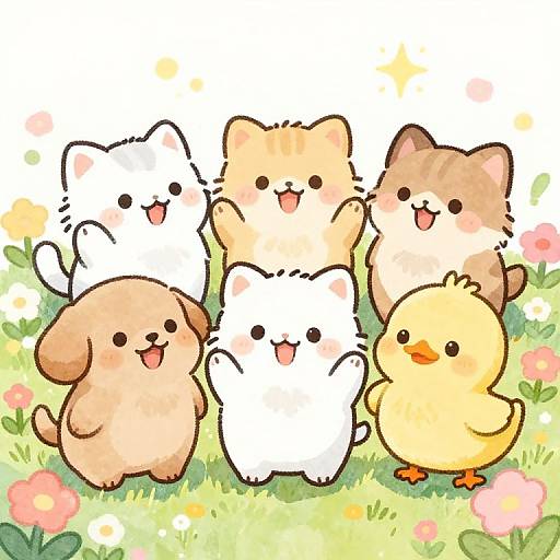 Adorable digital illustration of five cute, fluffy animals: white cat, beige cat, brown cat, yellow chick, and tan dog, standing in a