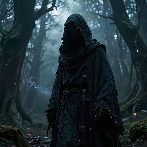 Mysterious, hooded figure in tattered, dark cloak stands in eerie, foggy forest with glowing blue light and smoke. Digital artwork.