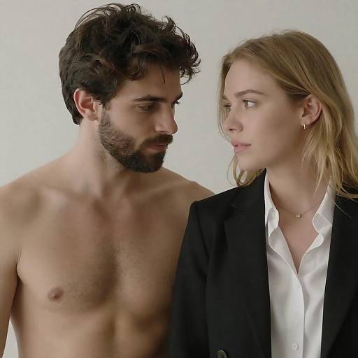 Shirtless Man and Woman in Blazer Close-Up