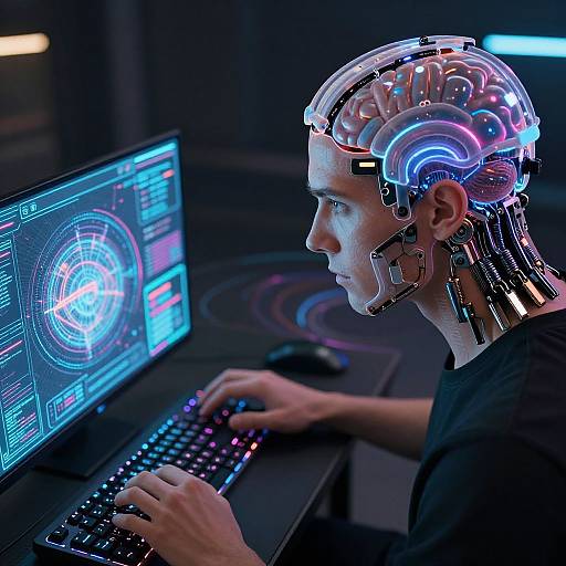 Photograph of a cybernetic human with glowing blue and pink circuits, typing on a black keyboard in front of a brightly illuminated computer screen.