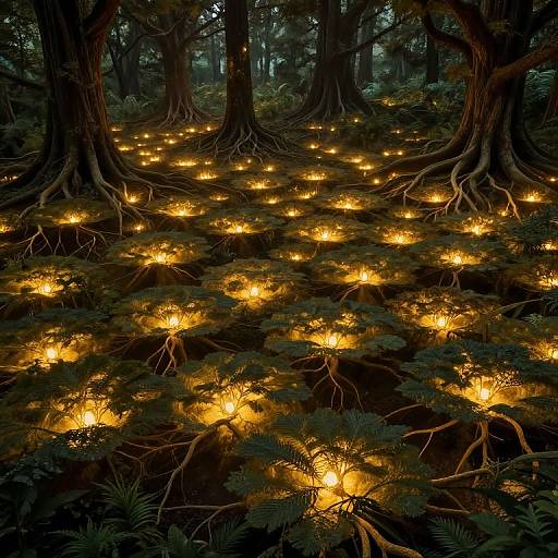 Photograph of a magical forest at night, lit by numerous glowing, yellow lanterns nestled among dark, dense trees and lush foliage.