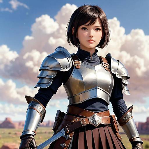 Young Female Knight in Armor Outdoors