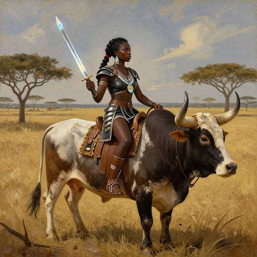 Digital artwork of a dark-skinned African warrior woman with braided hair, holding a glowing sword, riding a white and black bull in a savannah
