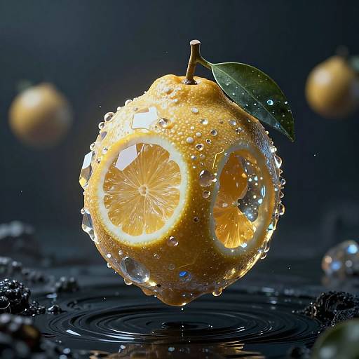 Photograph of a water-drenched, lemon with sliced halves embedded, a single green leaf, floating on dark water with ripples, blurred lemons
