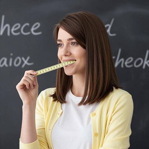 Smiling Woman with Ruler and Chalkboard