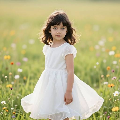 Photograph of a young girl with dark hair, wearing a white dress, standing in a sunny, colorful meadow with blooming flowers.
