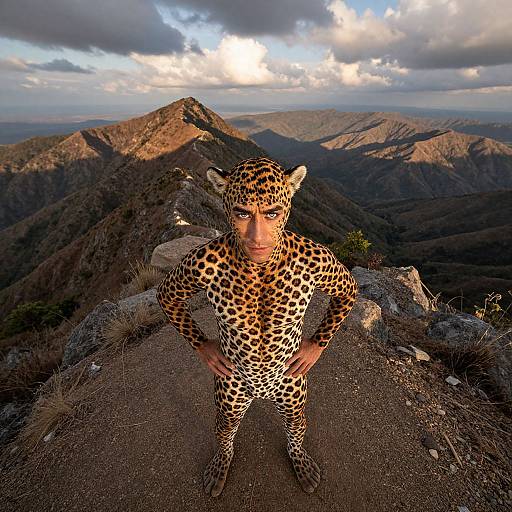 Photograph of a human wearing a leopard-print onesie standing confidently on a rocky mountain peak with dramatic, sunlit mountain range and cloudy sky in the
