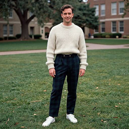 Photograph of a smiling man in a white knit sweater, black plaid pants, and white sneakers, standing on a green lawn with a brick building