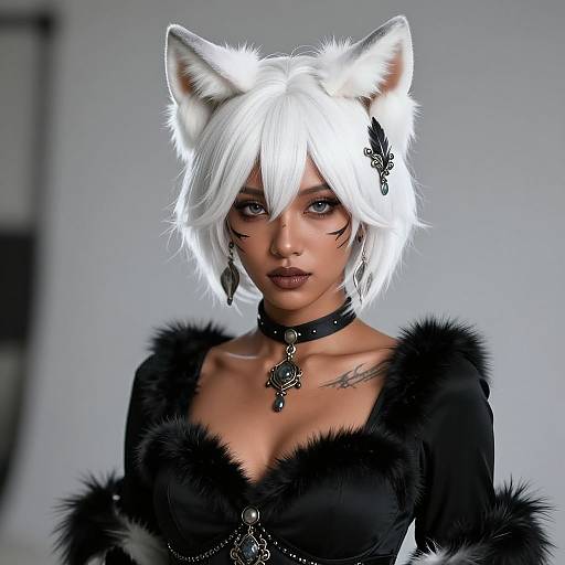 Digital CGI of a white-haired woman with fox ears, black fur dress, choker, and tattoos, sporting an intense gaze.
