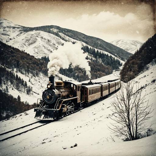 Steampunk Vintage Train in Winter Landscape