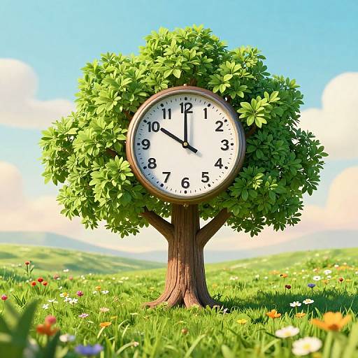 Photograph of a clock-shaped tree with lush green foliage, black clock hands showing 10:10, standing in a vibrant, flower-filled meadow