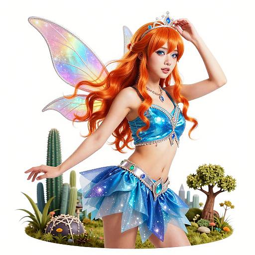 Digital illustration of a red-haired fairy with iridescent wings, wearing a blue sparkly crop top and skirt, tiara, and necklace, standing