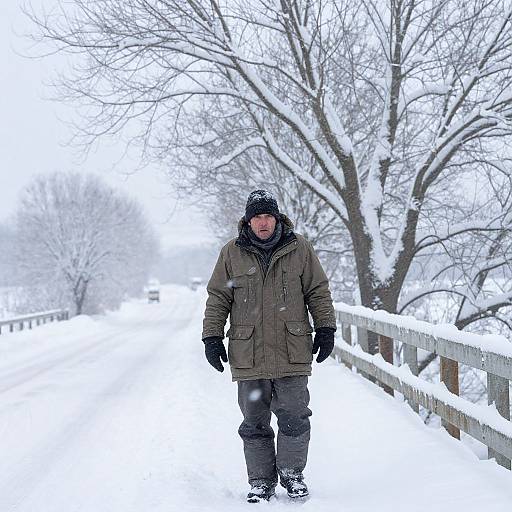 Rugged Man on Snowy Blizzard Bridge
