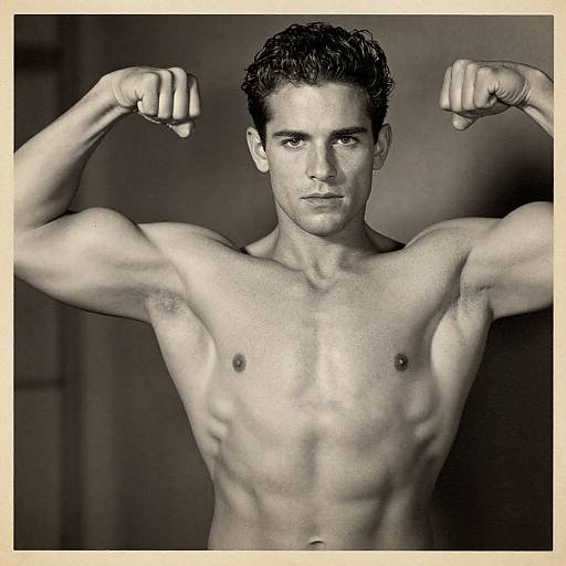Black-and-white photograph of a muscular, shirtless man with short dark hair, flexing his biceps, showcasing defined abs and chest. Intense