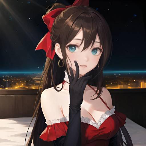 Anime Girl with Orange Bow in Night Cityscape