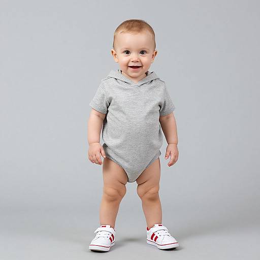 Photograph of a smiling, light-skinned baby with short brown hair, wearing a gray onesie and white sneakers with red stripes.