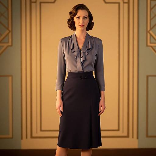 Photograph of a 1940s-style woman with dark wavy hair, wearing a gray ruffled blouse and black knee-length skirt, standing in
