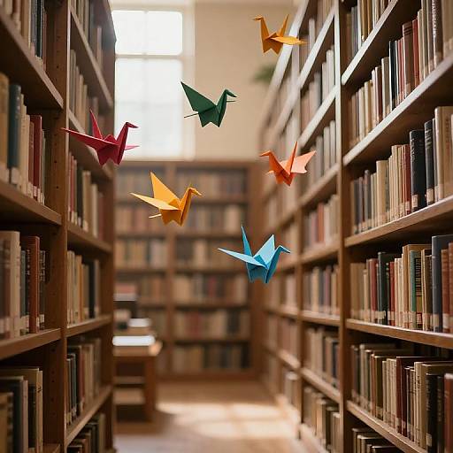 Photograph of a library aisle with wooden bookshelves on both sides, colorful origami cranes in red, green, orange, and blue hanging