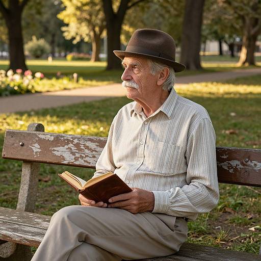 Photograph of an elderly man with gray beard, wearing a brown hat and striped shirt, reading on a weathered park bench. Sunlit background with