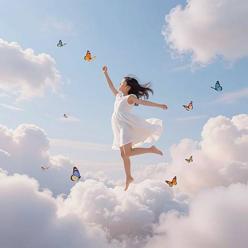 Photograph of a woman in a flowing white dress, jumping among colorful butterflies against a bright blue sky with fluffy clouds.
