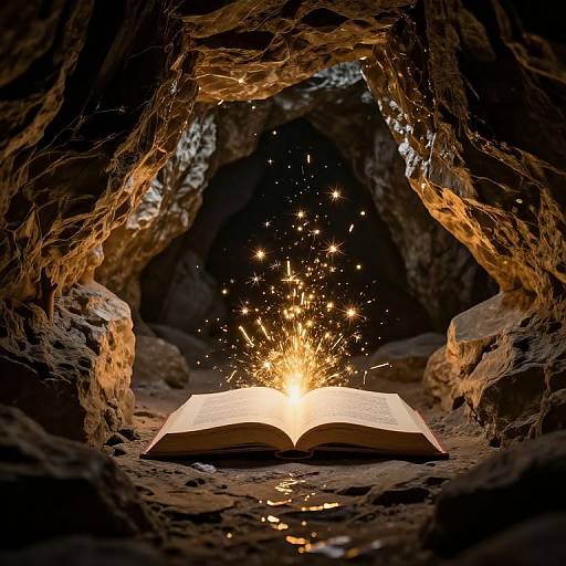 Photograph of an open book emitting bright, sparkling golden light from its pages, centered within a dark, rocky cave tunnel.