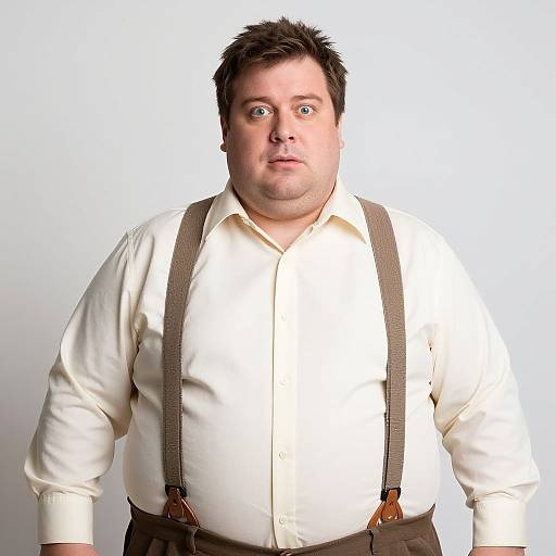 Photograph of a chubby, fair-skinned man with short dark hair, wearing a white dress shirt and brown suspenders, standing against a plain white