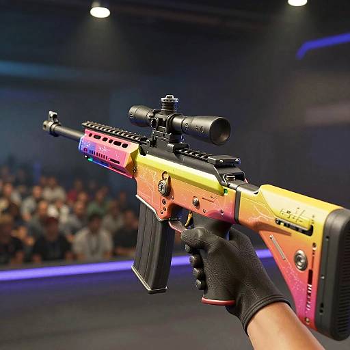 Photograph of a brightly colored, modern tactical rifle with a scope, held by a gloved hand, in a dimly lit indoor arena with a