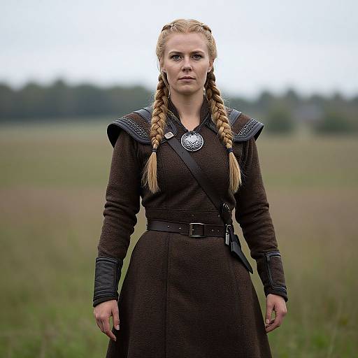 Photograph of a blonde woman with braided hair, wearing a dark brown medieval-style dress with leather shoulder pads and a silver brooch, standing in
