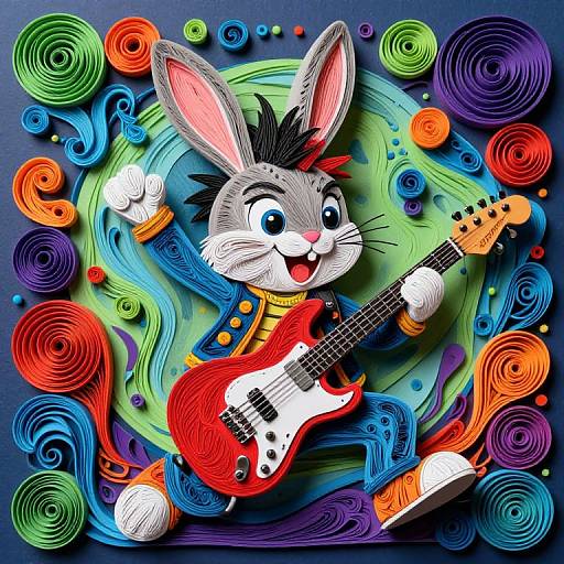 Vibrant digital illustration of a cartoon rabbit playing a red electric guitar, surrounded by colorful, swirling patterns and abstract shapes.