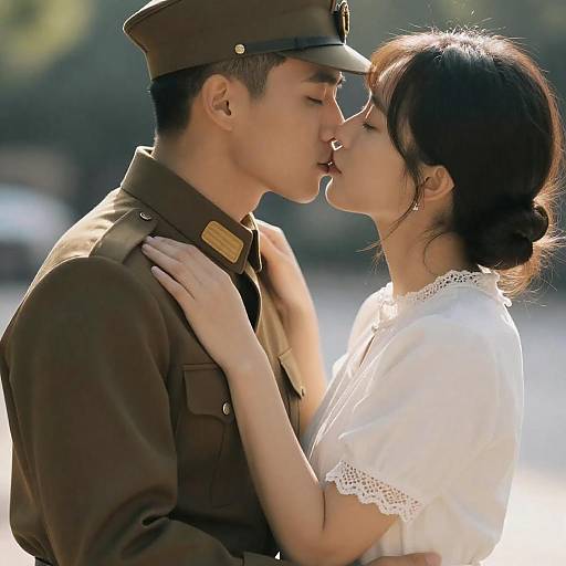 Romantic Military Kiss in Soft Sunlight