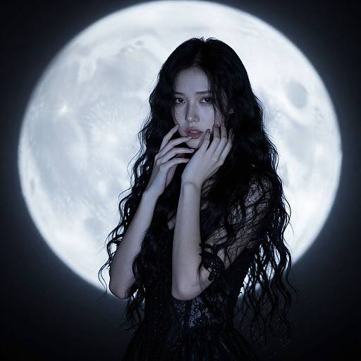 Photograph of a pale-skinned woman with long, wavy black hair, standing against a bright full moon, hands gently touching her face, dark