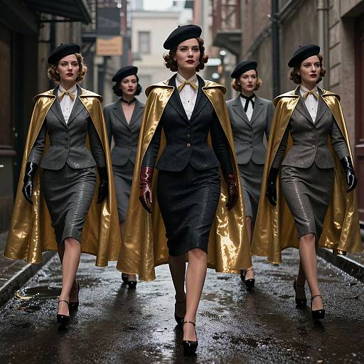 Photorealistic digital artwork of five women in 1940s-style grey suits with gold capes, black berets, and red gloves, walking