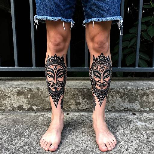 Photograph of a person's bare legs with intricate black tribal tattoos of a masked face on both calves, wearing frayed denim shorts, standing on a