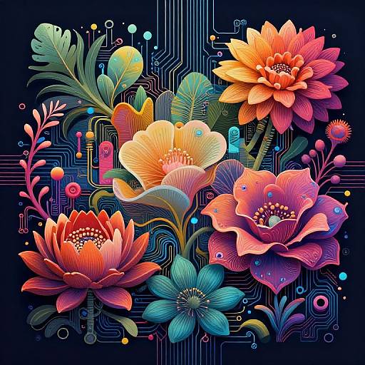 Digital artwork of vibrant, colorful flowers with neon hues on a dark blue, circuit-patterned background. Bold, detailed petals and leaves create a futuristic,
