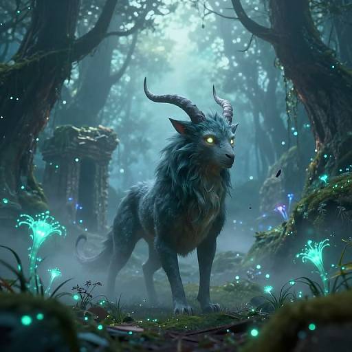 Digital fantasy artwork: Glowing-eyed, horned wolf with dense blue-gray fur stands in a mystical forest, surrounded by luminescent blue mushrooms and