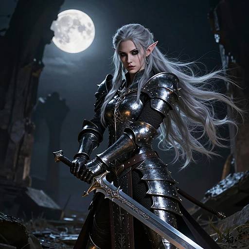 Digital art of a silver-haired, elven warrior in shining black armor, holding a sword, under a full moon in a ruined, dark landscape.