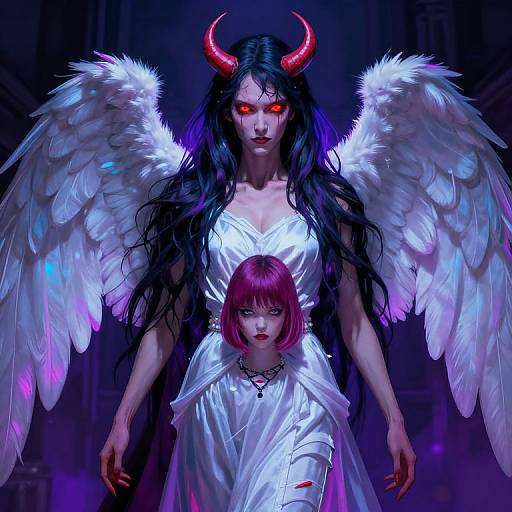 Digital artwork: Dark-haired demon woman with red horns, glowing red eyes, white feathered wings, and white dress, holds a red-haired girl with