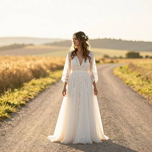 Backlit Bride in Bohemian Wedding Dress on Countryside Path