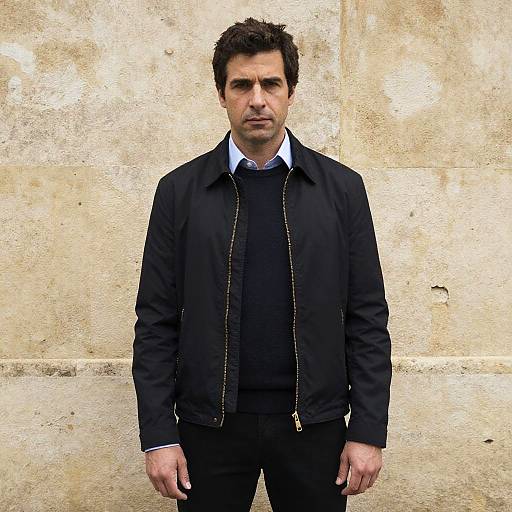 Photograph of a serious-looking man with short dark hair, wearing a black jacket, white shirt, black sweater, and black pants, standing against a