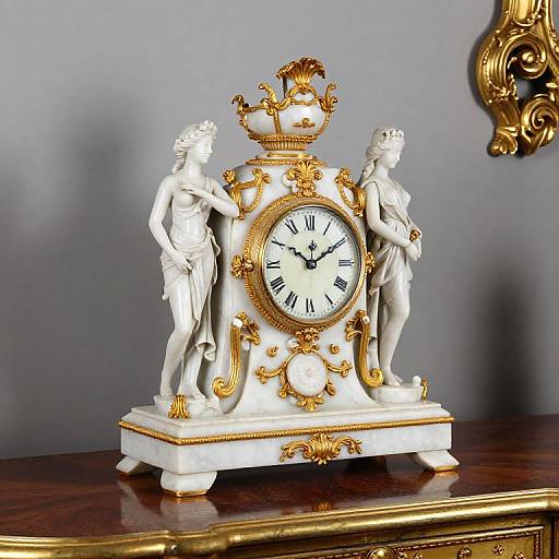Ornate white and gold Rococo-style clock with two classical statues, black Roman numerals, on a polished wooden table. Photograph.