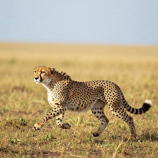 Photograph of a sleek, spotted cheetah with yellow fur and black spots, mid-stride in a sunlit, grassy savanna under