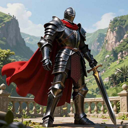 Photorealistic CGI of a knight in black armor with a red cape, holding a sword, standing on a stone balcony overlooking a lush, mountainous