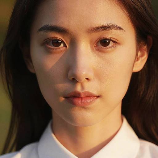 Close-up photograph of an Asian woman with long black hair, light skin, and brown eyes, wearing a white collared shirt, softly lit with warm