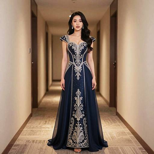 Elegant Woman in Embroidered Evening Gown