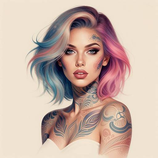 Digital portrait of a tattooed woman with vibrant blue and pink hair, dark makeup, and intricate neck and shoulder tattoos.