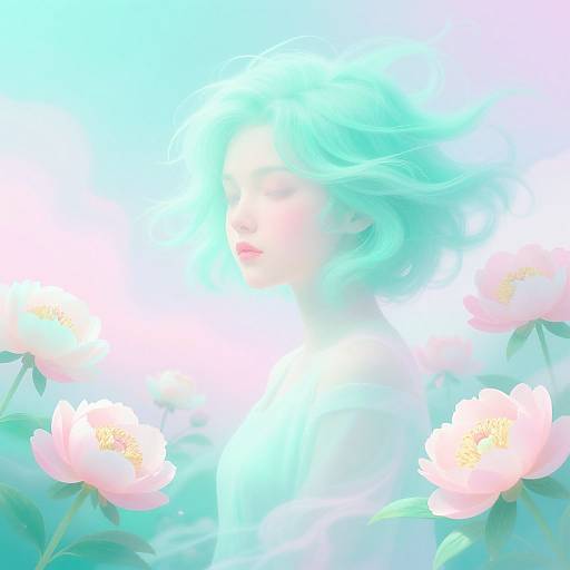 Digital art of a glowing, ethereal woman with turquoise hair, surrounded by soft pink peonies, set against a bright, blue background.