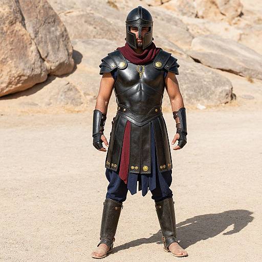 Muscular Gladiator in Desert Landscape