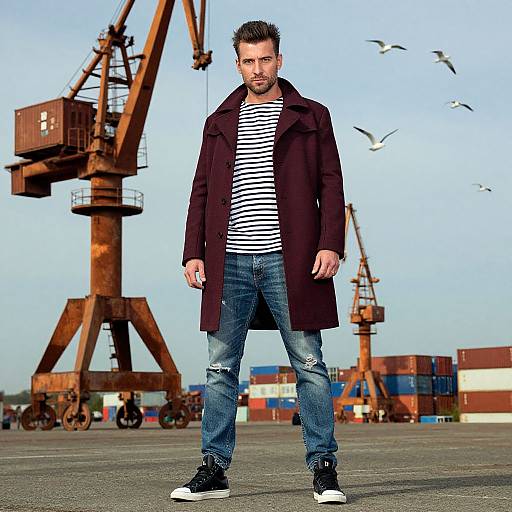 Photorealistic image of a bearded man with short brown hair, wearing a striped shirt, black coat, ripped jeans, and black sneakers, standing