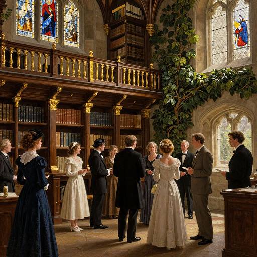 Photograph of a wedding ceremony in a Gothic-style church with stained glass windows, wooden bookshelves, and a bride in a white gown.