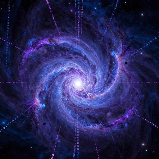 Digital artwork of a vibrant, swirling spiral galaxy in deep blue and purple hues, with glowing stars and alphanumeric codes radiating outward. Cosmic, futuristic style